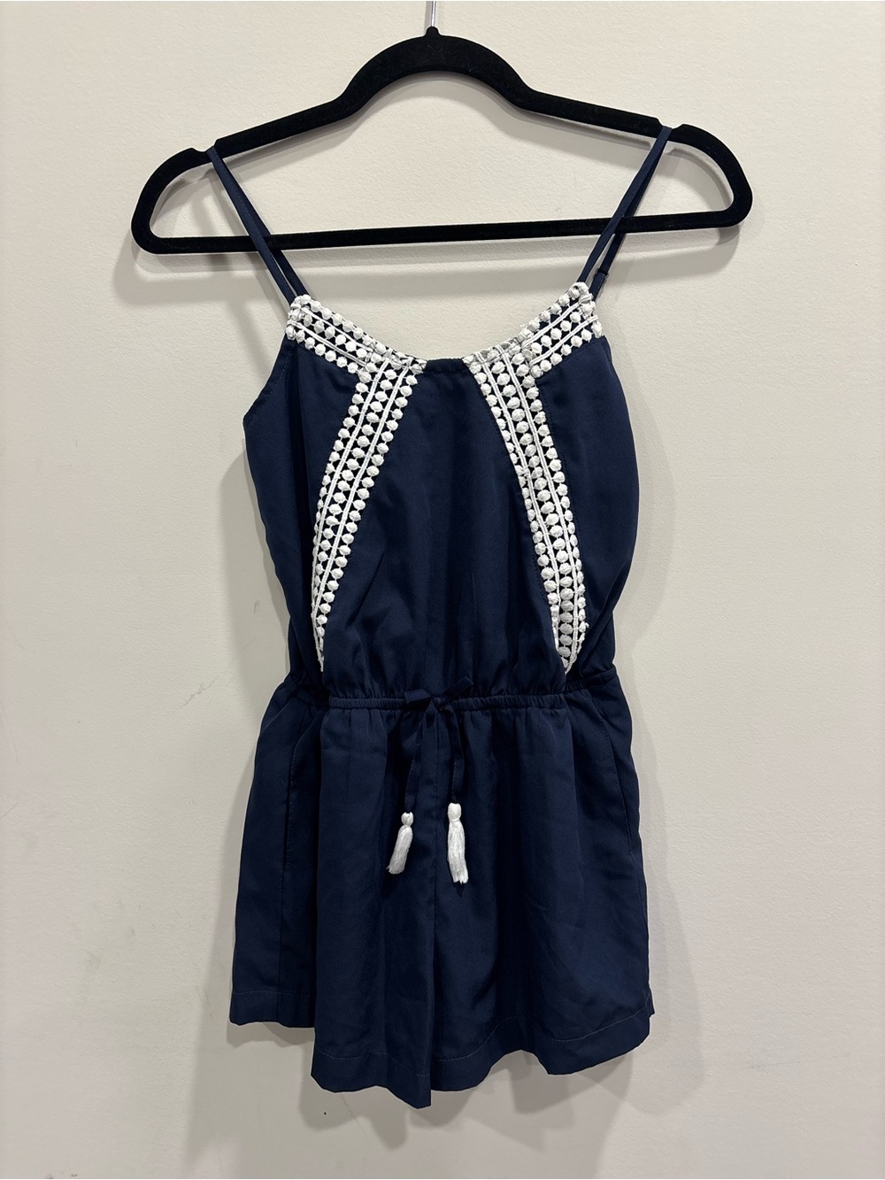 Japna Girls Navy Romper with White Trim Tassel Tie